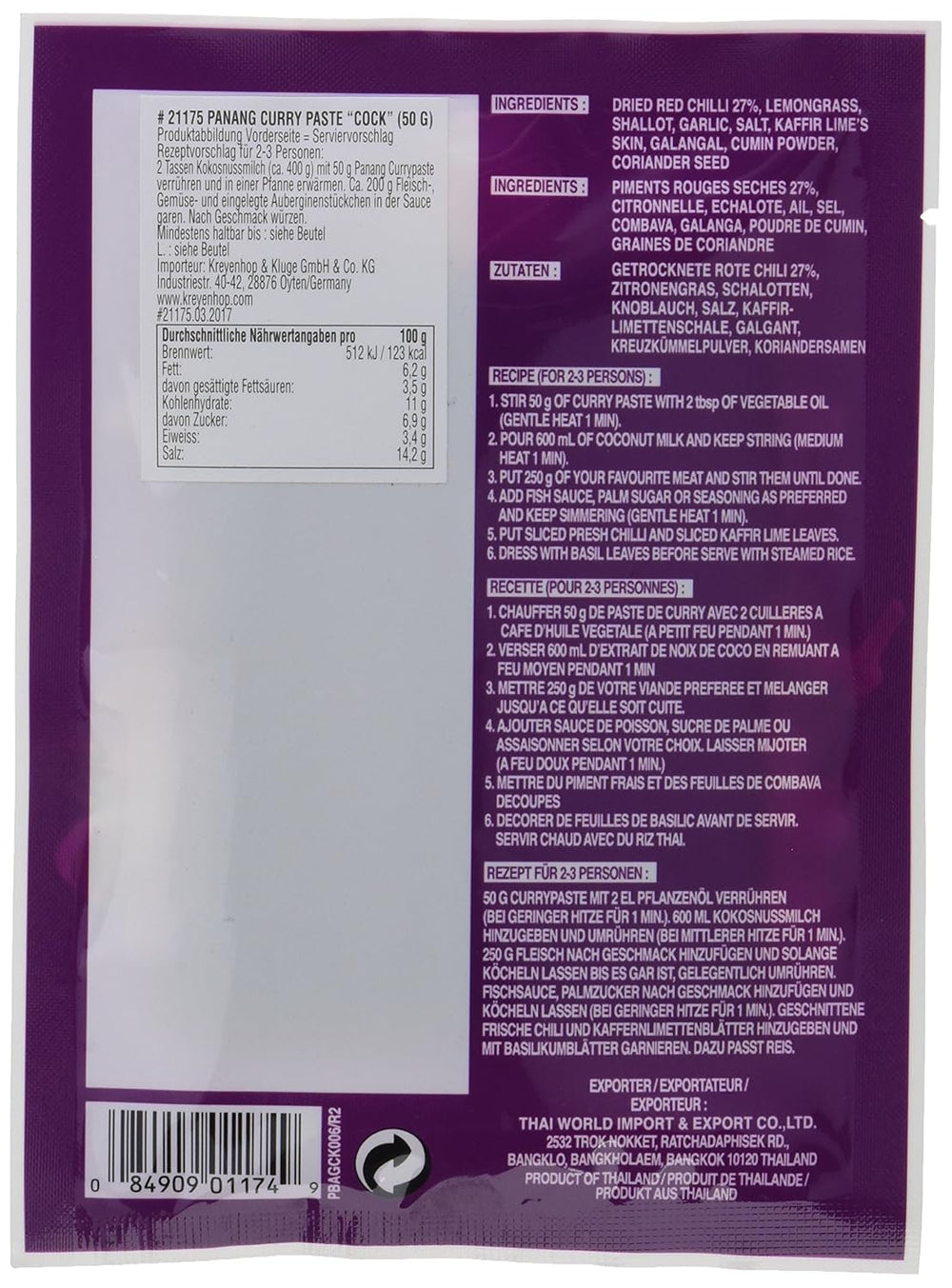 Kogut Currypaste Panang, średni Schärfe, autentyczny thailändisch Kochen, naturalne składniki, wegańskie, halal i bezglutenowe (1 x 50 g)