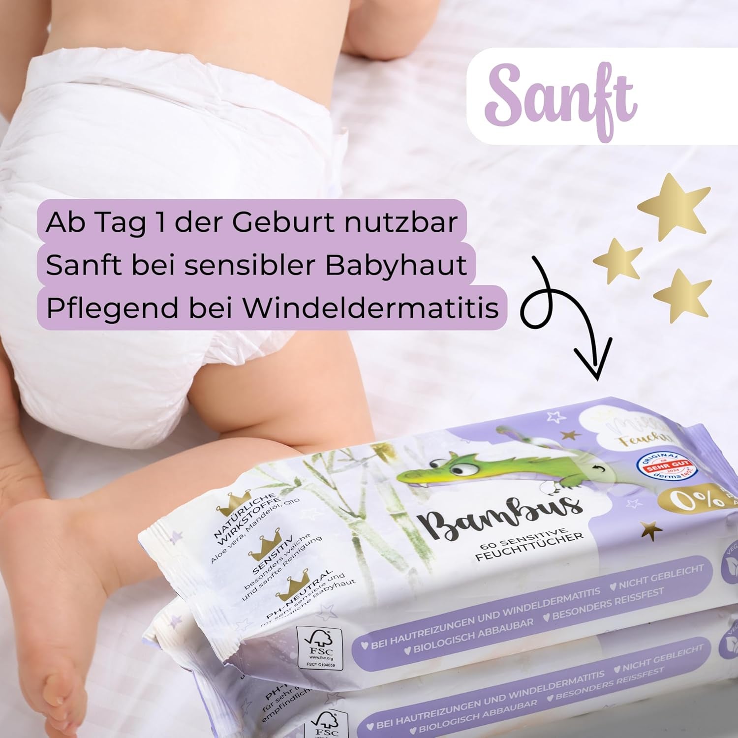 Millis Bamboo Baby Sensitive chusteczki nawilżane do delikatnej skóry dziecka - 5 x 60 sztuk - Naturalne, delikatne i zrównoważone czyszczenie - Biodegradowalne chusteczki dla niemowląt, bez plastiku i alkoholu