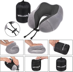 Set de perne pentru gât WELLGRO cu mască de somn 3D și dopuri pentru urechi - Husă detașabilă - Spumă cu memorie - Închidere cu fermoar - Inclusiv geantă de depozitare - Pernă de călătorie - Culoare selectabilă, Culoare:Gri Perne ortopedice cervicale Naty Shop