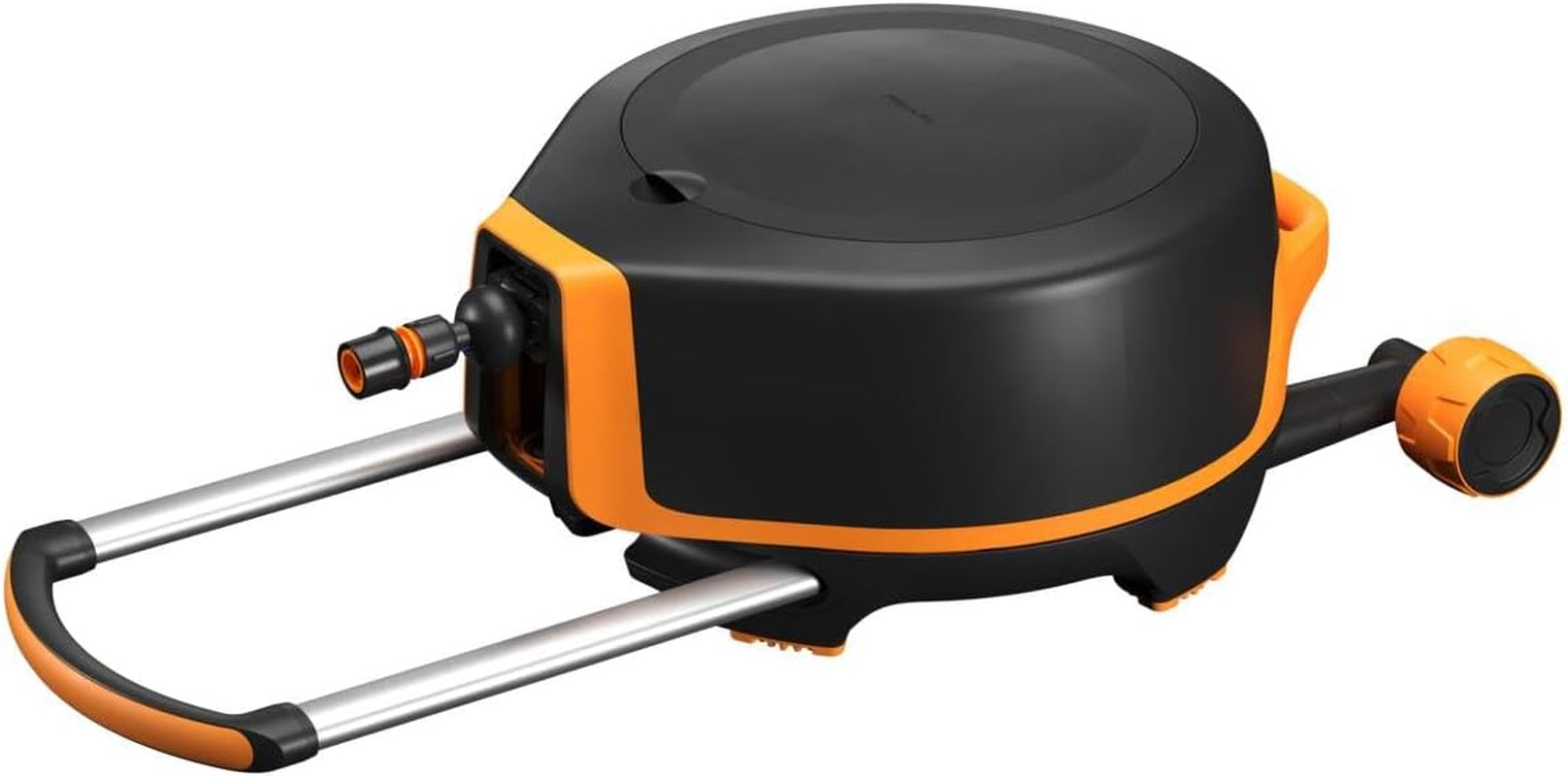 Fiskars Waterwheel XL, Set de udare all-inclusive, Rază totală de acțiune de 25 m, Retragere automată, Furtun de grădină universal (Ø 13 mm), Conector universal pentru robinet, Negru/Portocaliu, Seria X, 1067549