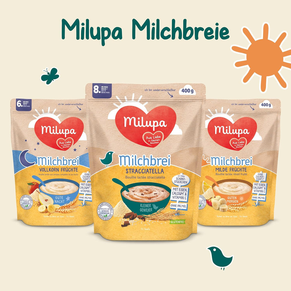 Milupa Stracciatella Owsianka mleczna - Bezglutenowe, bez oleju palmowego płatki dla niemowląt - Bez konserwantów i barwników - Od 8 miesiąca - 4 x 400 g