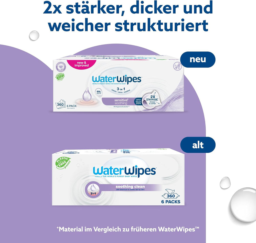 WaterWipes Sensitive+ Soothing Clean 360 szt. (6 szt.) 3 w 1 oczyszczające, pielęgnujące i łagodzące chusteczki dla dzieci 99% wody z ekstraktem roślinnym