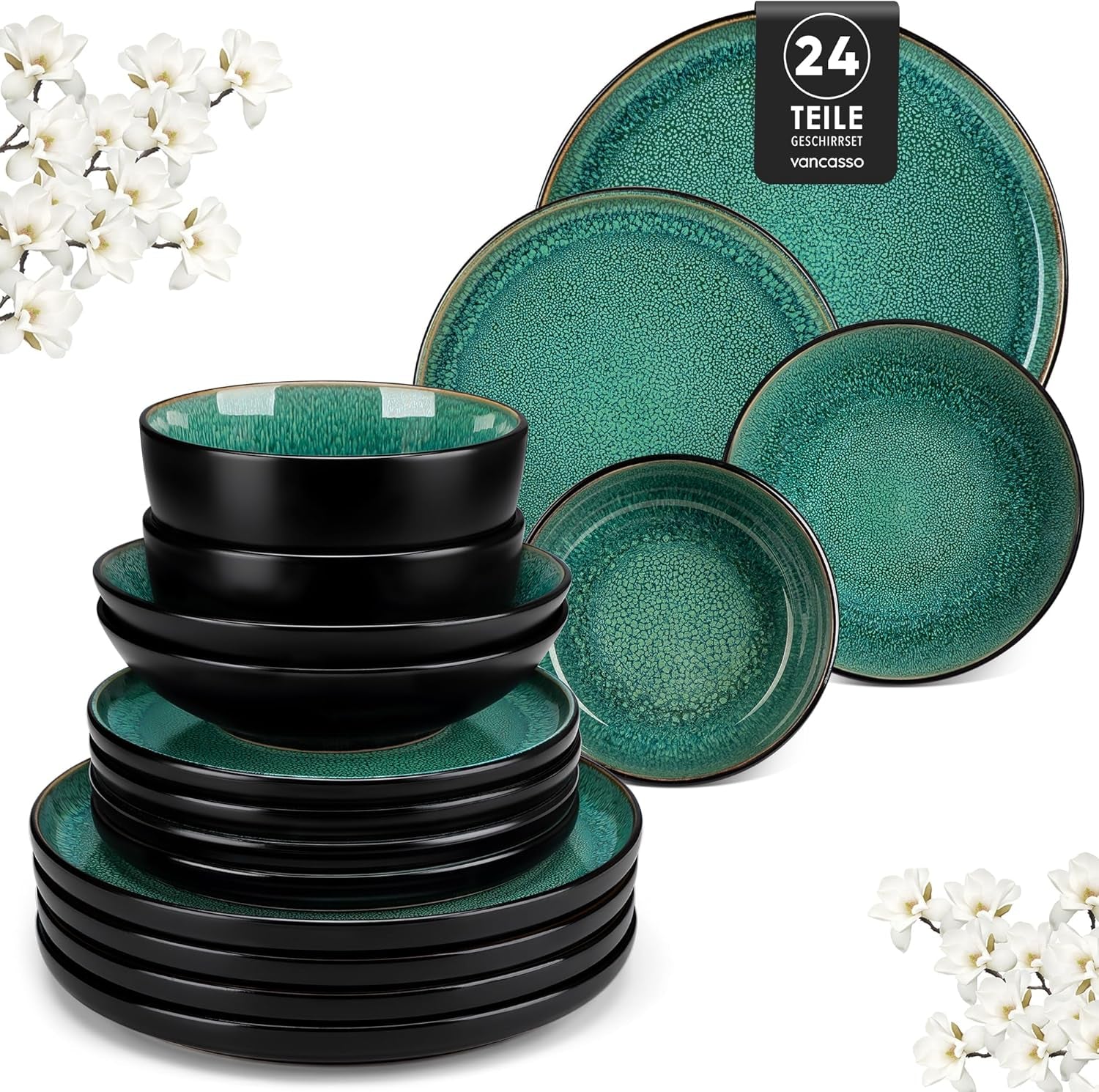 Set de veselă pentru 6 persoane, set de veselă din gresie Vancasso PLAYA, 24 de piese pentru 6 persoane, verde, inclusiv farfurii, farfurii de sumă, boluri și farfurii de salată, potrivit pentru mașina de spălat vase și cuptorul cu microunde