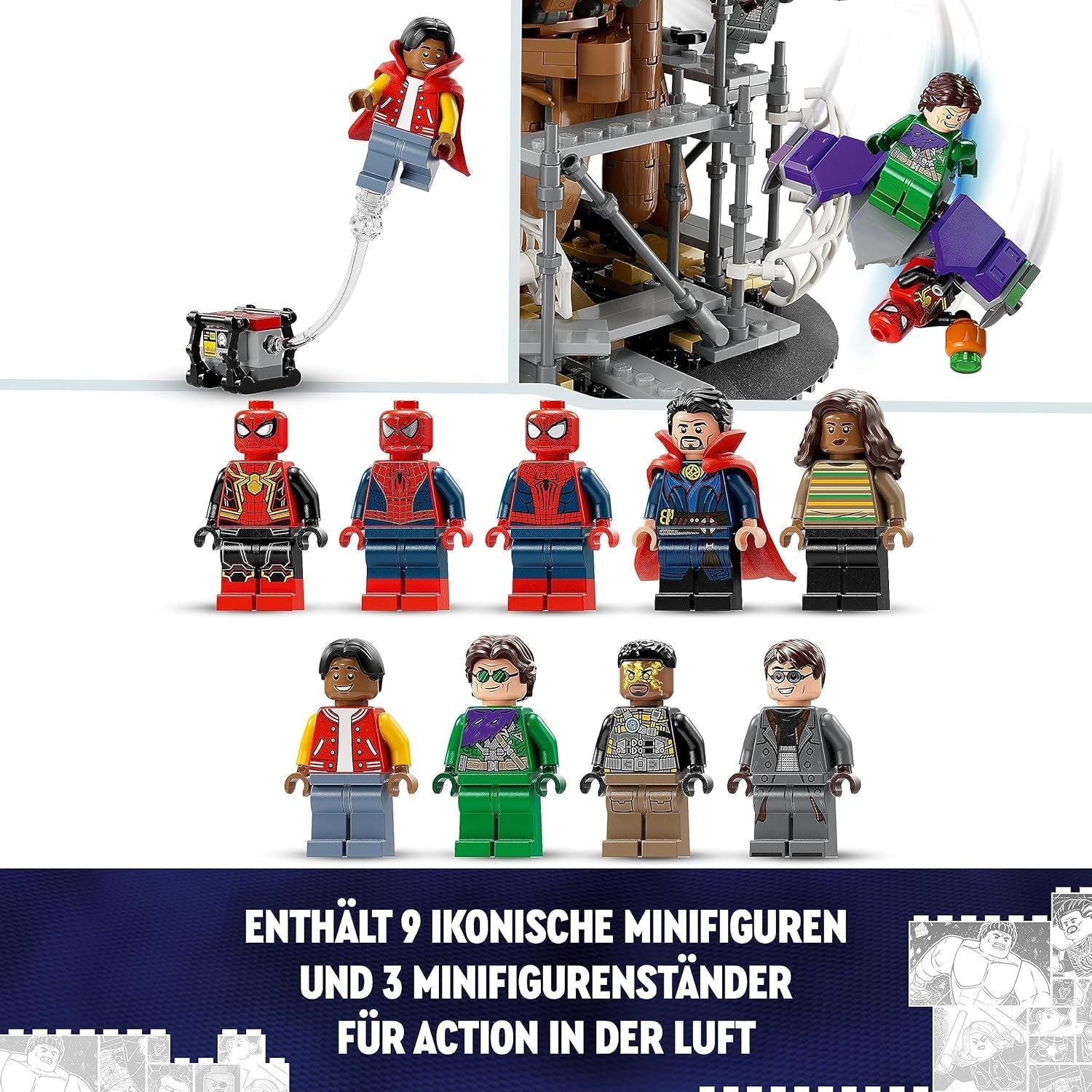 LEGO 76261 Marvel Spider-Man's Big Showdown, Spider-Man: No Way Home, zestaw z 3 minifigurkami Petera Parkera oraz Zielonym Goblinem, Electro, Sandmanem, Nedem, Doktorem Strange i MJ, model kolekcjonerski Zestawy do budowania Kup w sklepie LEGO