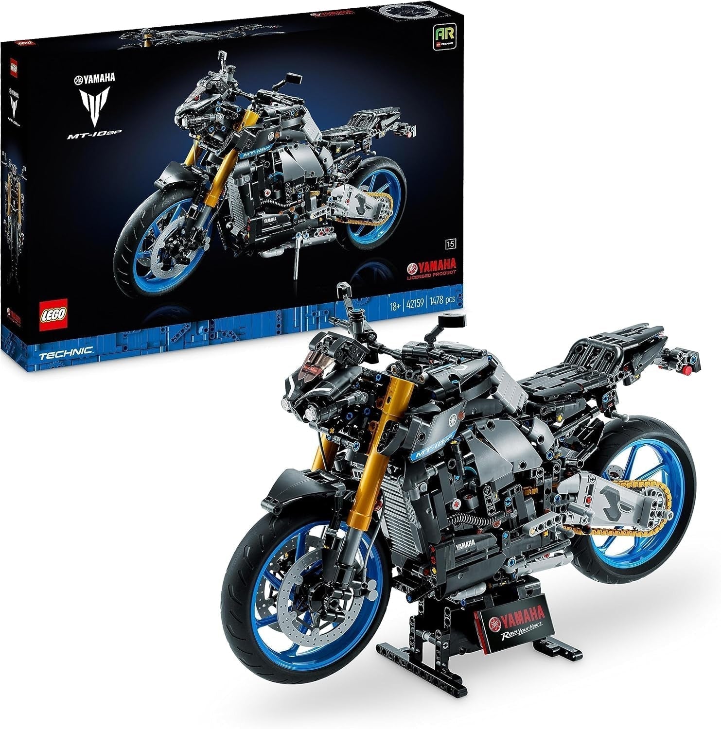 LEGO 42159 Zestaw modeli motocykla Technic Yamaha MT-10 SP dla dorosłych, autentyczny model pojazdu z 4-cylindrowym silnikiem, funkcjonalny układ kierowniczy i aplikacja Ar, zestawy do budowania jako prezent dla mężczyzn i kobiet w sklepie LEGO Technic Yamaha