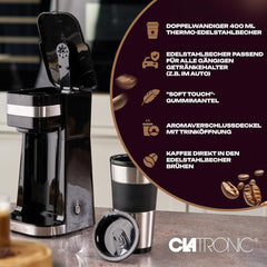 Espressor Clatronic | Cană de călătorie 400 ml | Compatibilă cu toate suporturile de pahare standard (de exemplu, pentru mașină) | Espressor cu filtru | Filtru permanent din nailon | Cană din oțel inoxidabil cu capac pentru aromă | KA 3733