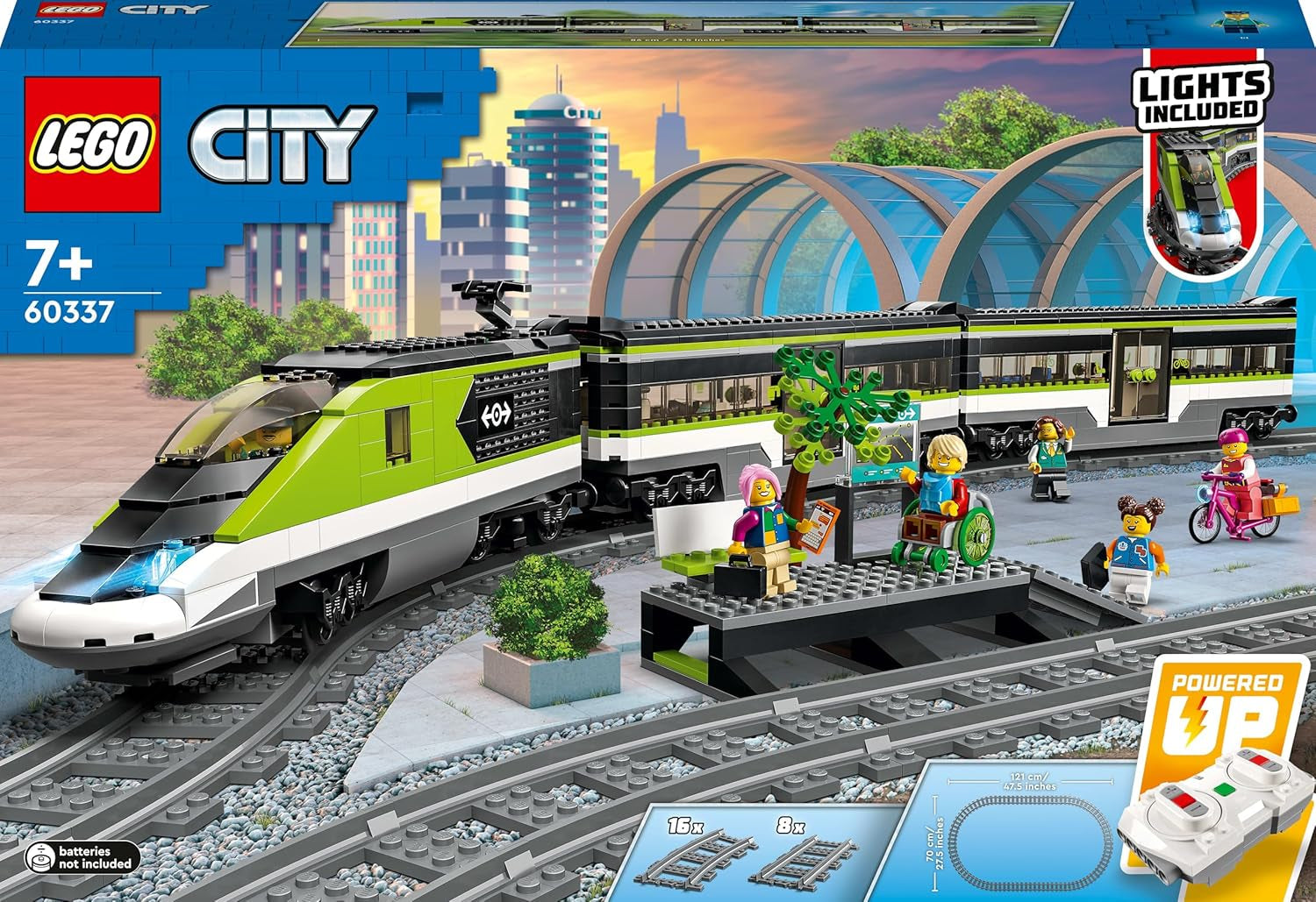 LEGO City Ekspres pasażerski, zestaw zdalnie sterowanych pociągów, zabawka kolejowa z reflektorami, 2 wagony i 24 elementy torów, prezent dla dzieci, chłopców i dziewcząt 60337 Zestawy do budowania Kup w sklepie LEGO