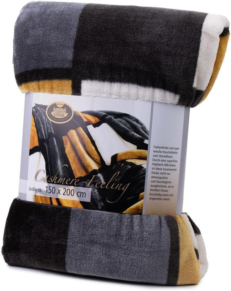 Gözze - Miękki i wygodny koc, w dotyku kaszmirowy, gruba tkanina 500 G/M², Antigua, 150 x 200 cm - Musztardowy/czarny/biały Łóżka i koce Besuche den GÃ¶zze-Store