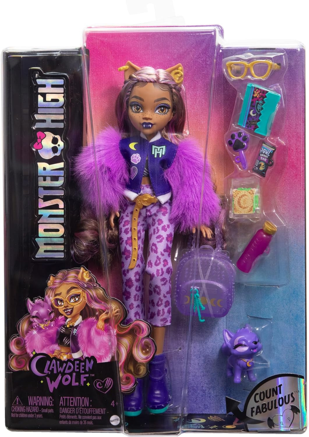 Lalka Monster High Clawdeen Wolf z psem w kształcie półksiężyca i akcesoriami, takimi jak plecak, kalendarz, przekąski i inne, lalki HRP65 Naty Shop