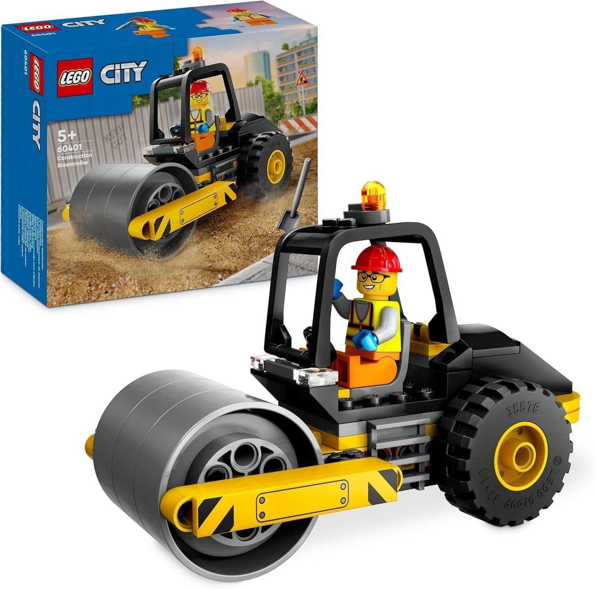 LEGO City walec budowlany dla 5-letnich dzieci walec parowy z minifigurką pracownika budowlanego pomysłowa zabawa dla chłopców i dziewcząt mały zabawny prezent 60401 zestawy do budowania Beuche den LEGO-Store Single