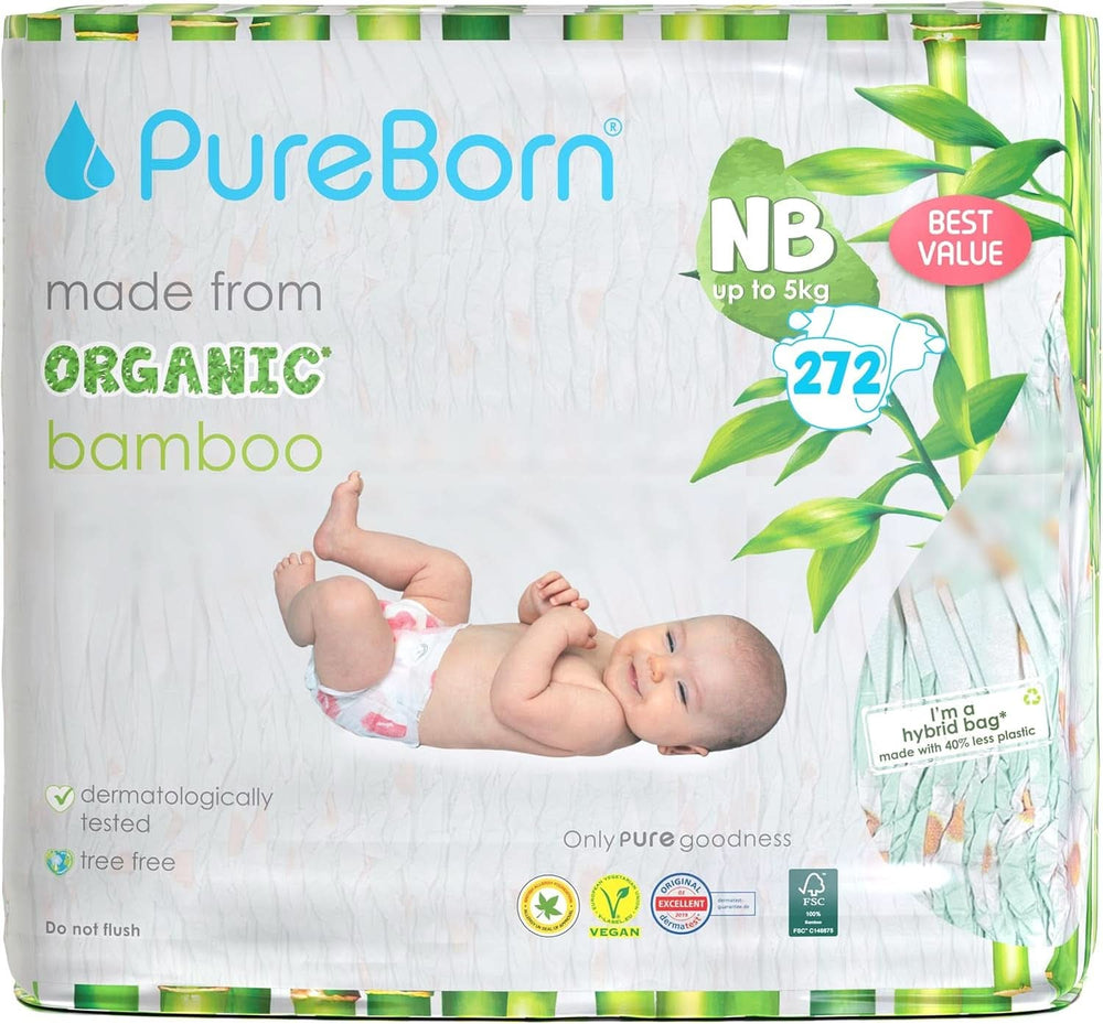 Pureborn Eco Organiczne pieluchy bambusowe, rozmiar dla noworodków (do 5 kg), przyjazne dla środowiska, hipoalergiczne, wyjątkowo miękkie, wskaźnik wilgoci, różne nadruki Matka i dziecko Naty Shop Newborn (272 szt.)