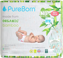 Pureborn Eco Organiczne pieluchy bambusowe, rozmiar dla noworodków (do 5 kg), przyjazne dla środowiska, hipoalergiczne, wyjątkowo miękkie, wskaźnik wilgoci, różne nadruki Matka i dziecko Naty Shop Newborn (272 szt.)