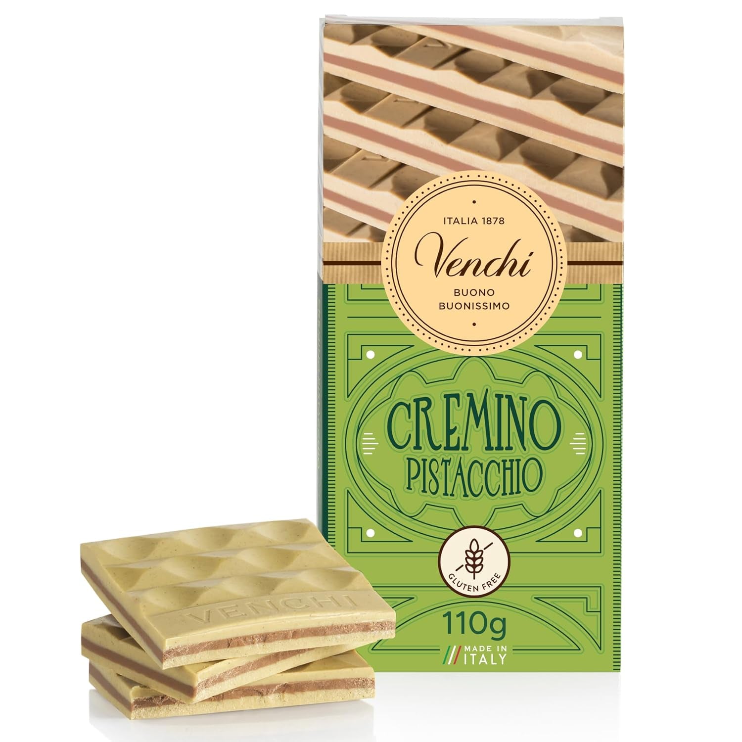 Venchi - Cremino Pistachio Bar, 110g, tabliczka mlecznej i białej czekolady z pastą pistacjową, trzywarstwowa receptura o śródziemnomorskich smakach, bezglutenowa, bez sztucznych barwników