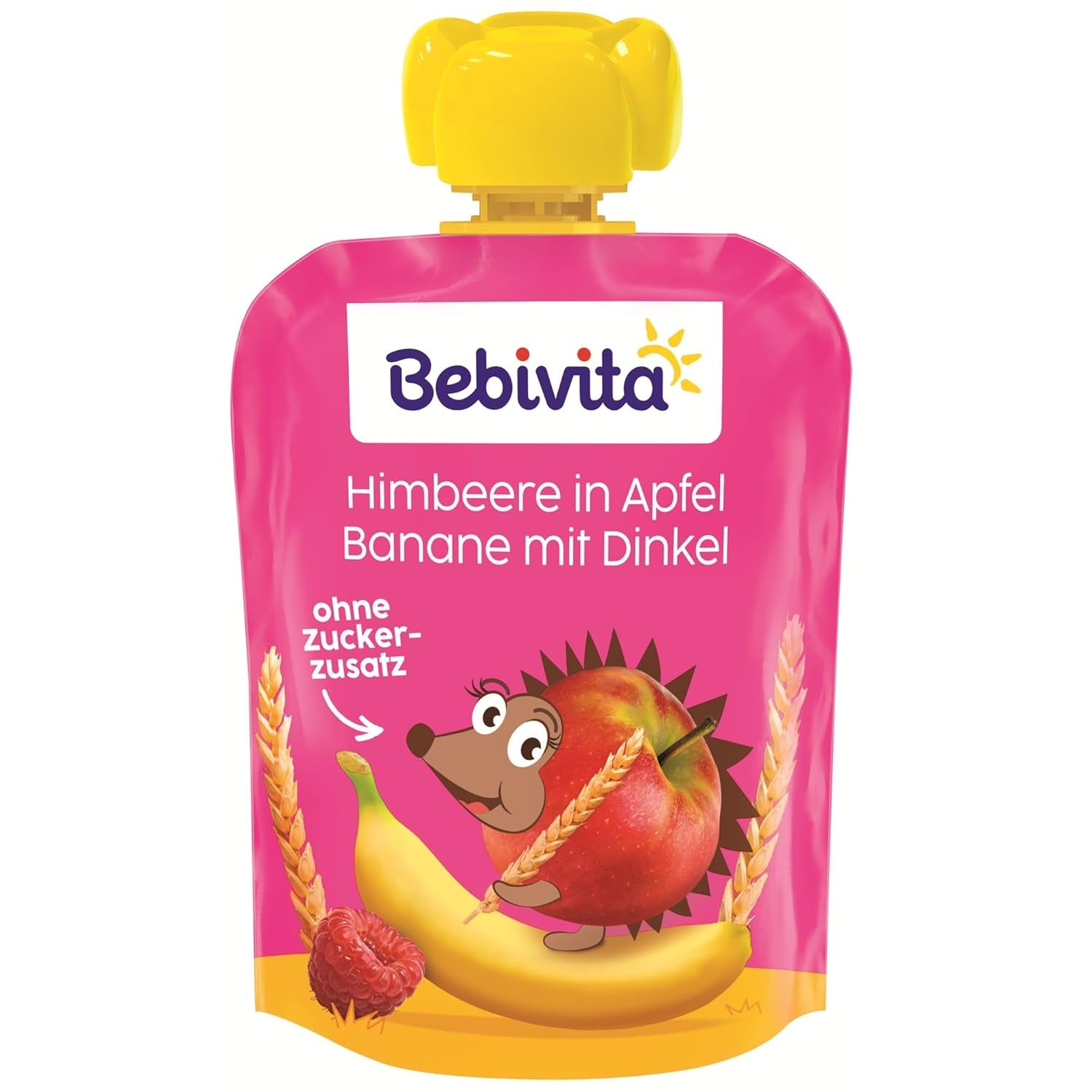 Saszetki wyciskane Owoce, Maliny, Jabłka, Banany i Orkisz - 16 sztuk (opakowanie po 4 sztuki, 4 x 90g każda), bez dodatku cukru, wykonane z miękkich owoców i pełnowartościowych ziaren, idealne jako przekąska na wynos i do spożycia własnego