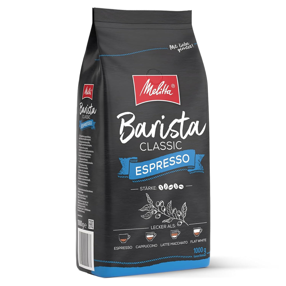 Melitta Barista Classic Espresso, Ganze Kaffee-Bohnen 1kg, ungemahlen, Kaffeebohnen für Kaffee-Vollautomat, kräftige Röstung, Stärke 5, (Verpackung kann variieren)