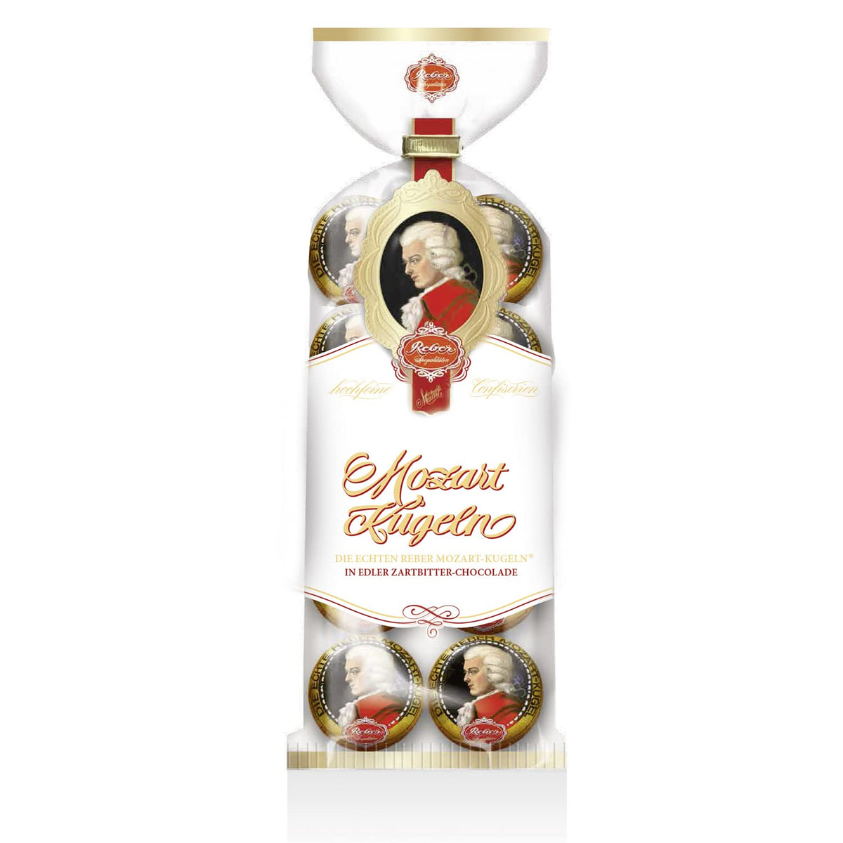 Kulki Reber Mozart - Torba cukiernicza zawierająca 8 sztuk - Oryginalne kulki Reber Mozart Ciemna czekolada, marcepan i nugat - 1 x 160g