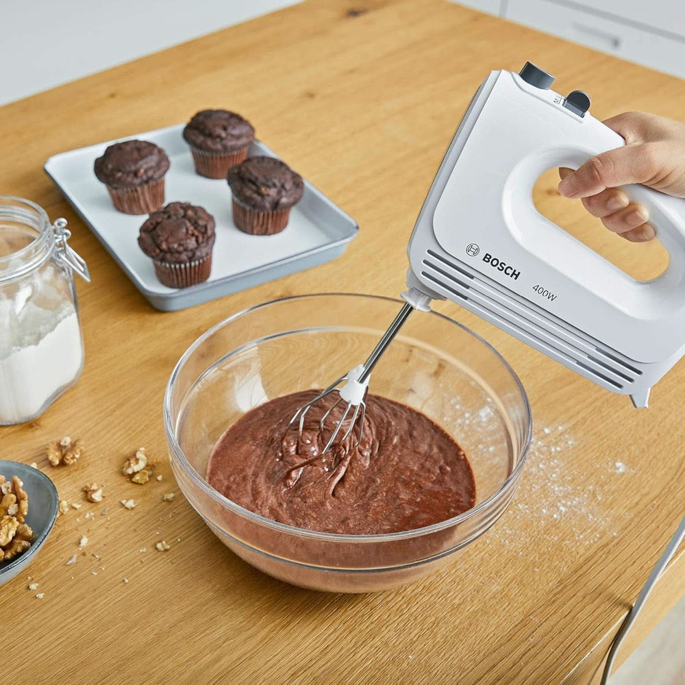 Bosch Hausgeräte Handrührer Clevermixx MFQ24200, 2 Rührbesen, 2 Spülmaschinengeeignet, 4 Stufen, Leicht, Leise, 400 W Weiß/Edelstahl Kitchen Naty Shop