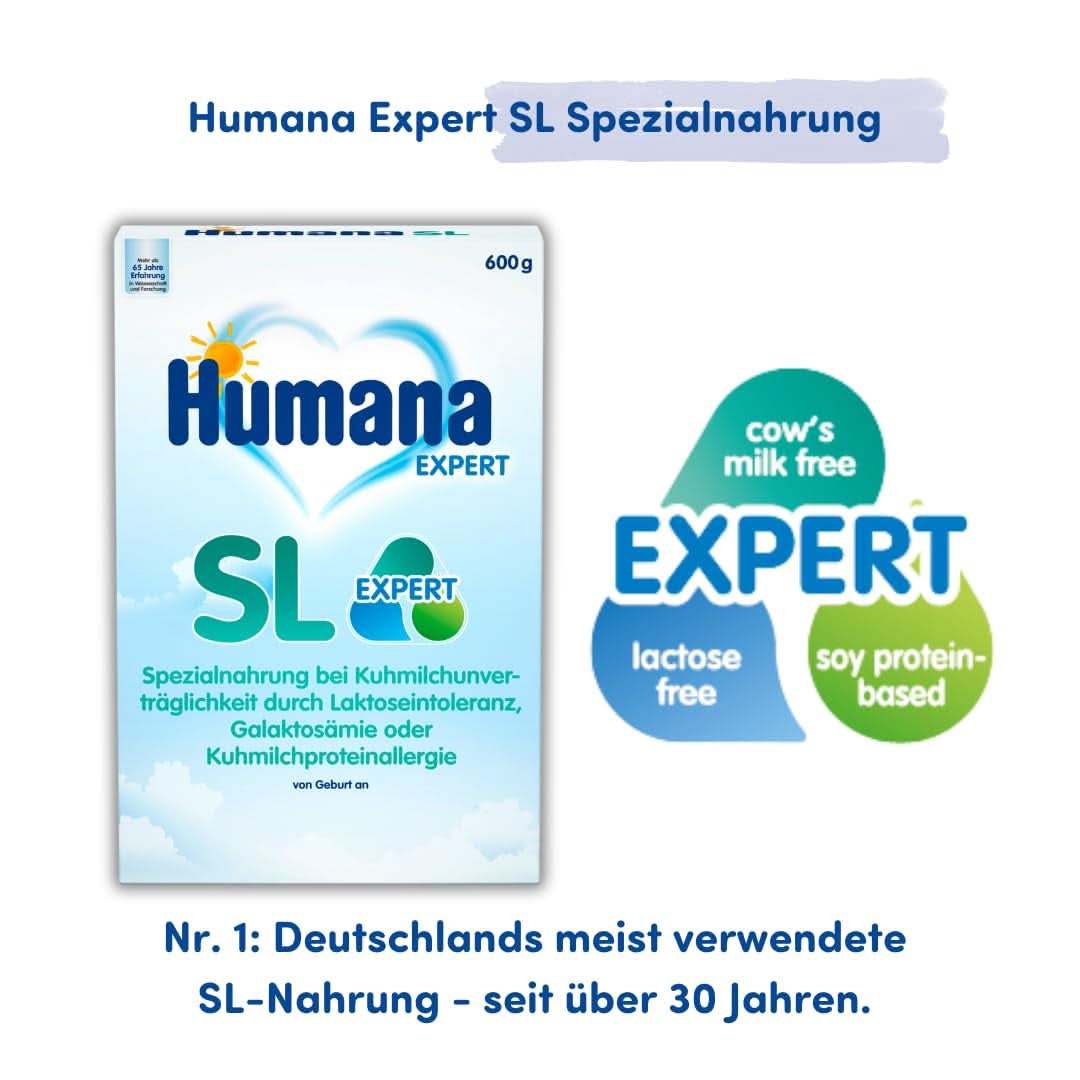 Humana SL Expert, od urodzenia, specjalny pokarm w przypadku nietolerancji mleka krowiego spowodowanej nietolerancją laktozy, galaktozemią lub alergią na białko mleka krowiego, dla niemowląt i małych dzieci, 600 G Sklep dla Matki i Dziecka Naty Shop