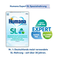 Humana SL Expert, od urodzenia, specjalny pokarm w przypadku nietolerancji mleka krowiego spowodowanej nietolerancją laktozy, galaktozemią lub alergią na białko mleka krowiego, dla niemowląt i małych dzieci, 600 G Sklep dla Matki i Dziecka Naty Shop