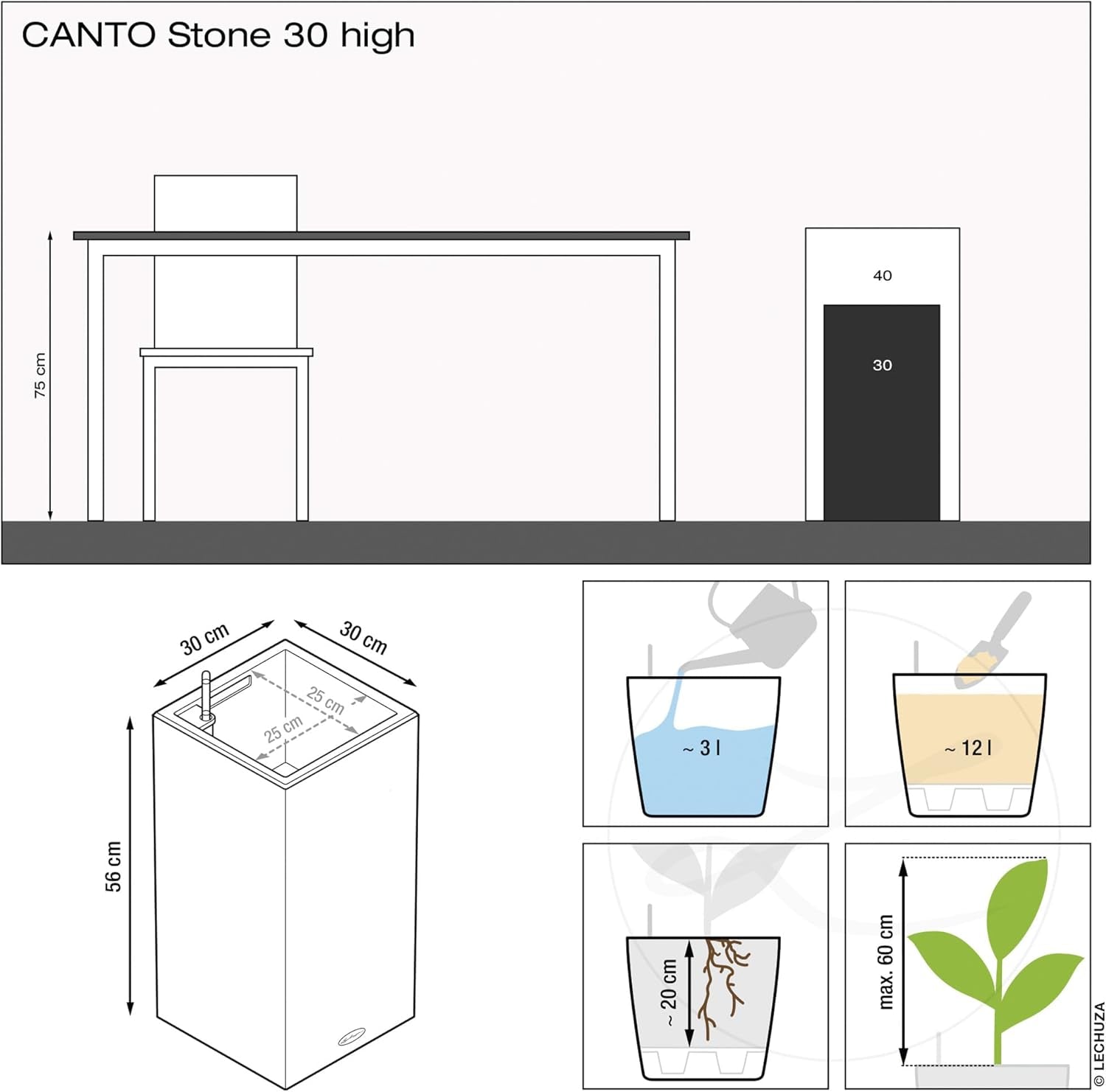 Lechuza CANTO Stone 30 înălțime, Negru grafit, Plastic de înaltă calitate, Include sistem de udare, Inserție de plantare detașabilă, Pentru uz interior și exterior, 13602, 30x30x56 cm