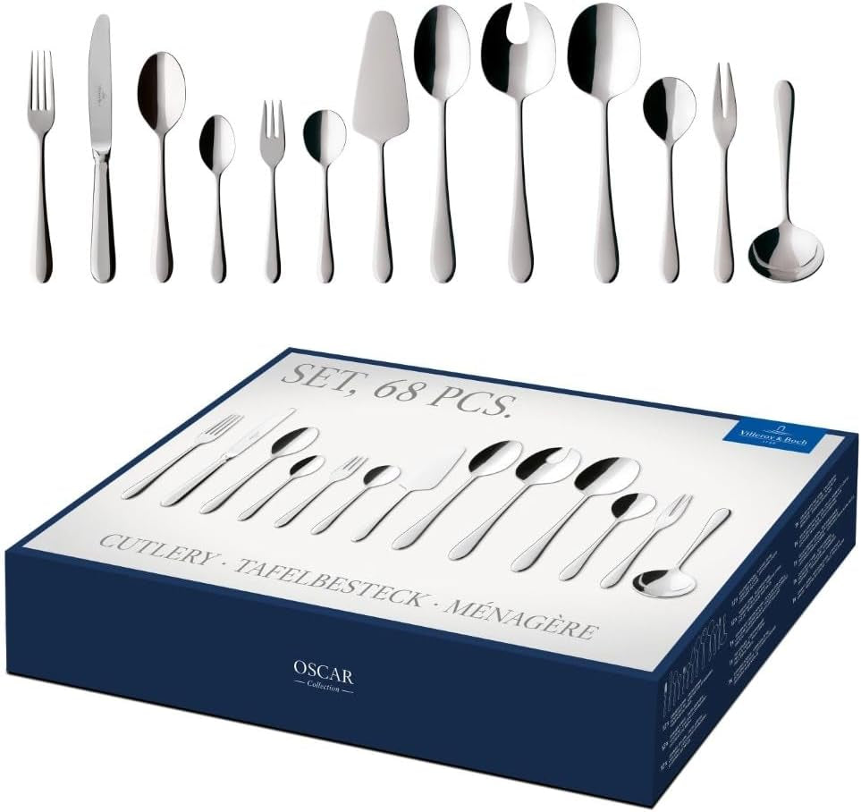 Villeroy & Boch – Oscar Tafelbesteck 24 Teilig 6 Personen, Spülmaschinenfest, Rostfrei, Besteck Set, Essbesteck, Messer Gabel Löffel Set, Zestaw sztućców, Besteckset Edelstahl, Edelstahl Kitchen Naty Shop Single 68Tlg.