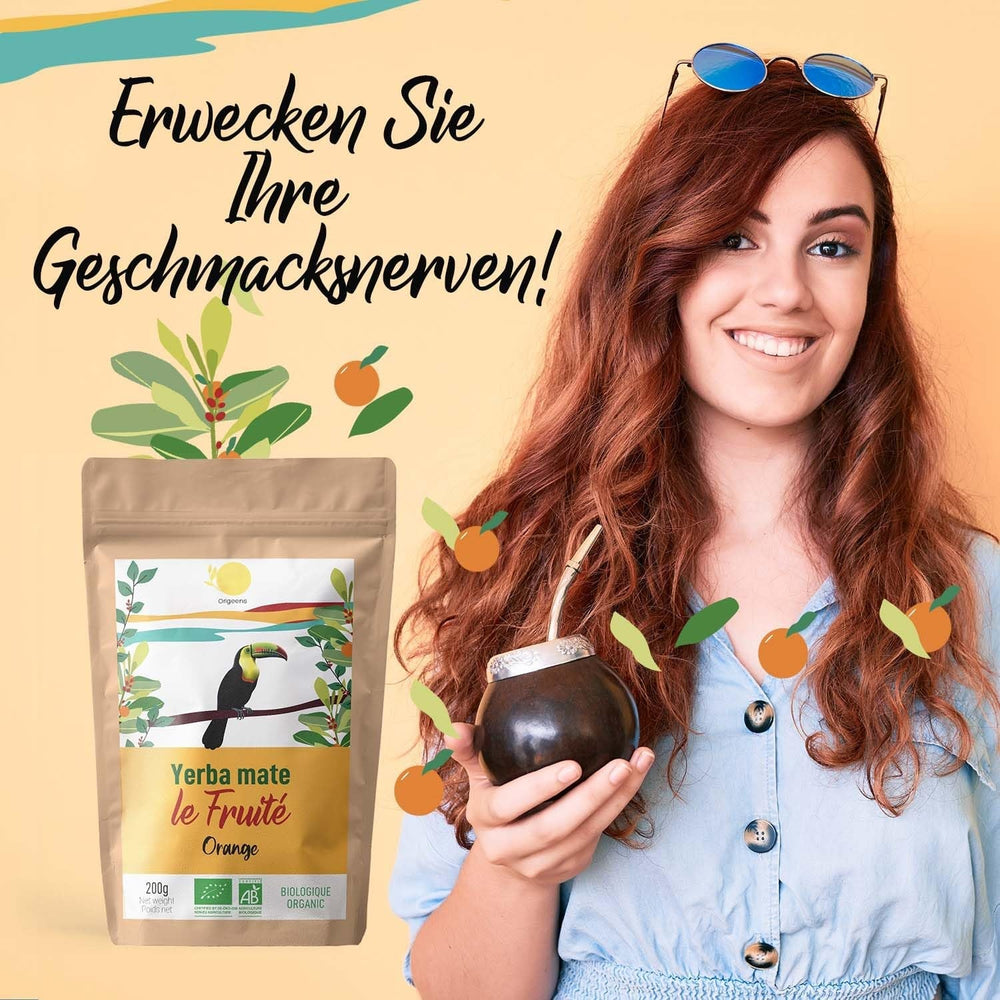 ORIGEENS BIO YERBA MATE cu portocale 200 G - Ceaiul fructat I Ceai organic Yerba Mate neprăjit, fără tulpini și praf I Băutură energizantă și detoxifiantă