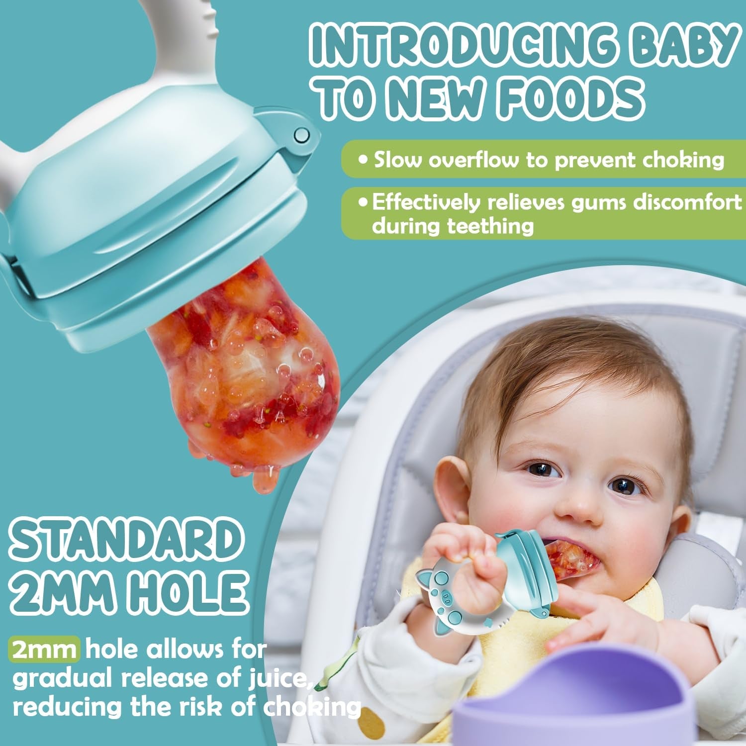 Hrănitoare cu fructe pentru bebeluși, pachet de 2 suzete cu fructe pentru bebeluși de la 3 luni în sus, versiune îmbunătățită 2023, suzete umplubile, suzete din terci, suzete cu fructe pentru bebeluși, fără BPA, 8 tetine din silicon în 3 dimensiuni