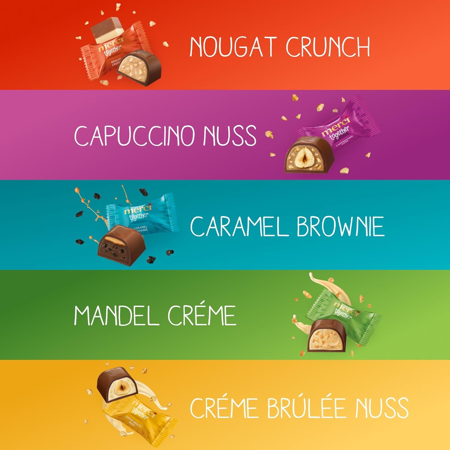 Merci Together - 1 x 175 g - Czekoladki nadziewane w pięciu odmianach z delikatną mleczną czekoladą - Praliny czekoladowe do dzielenia się i dawania w prezencie