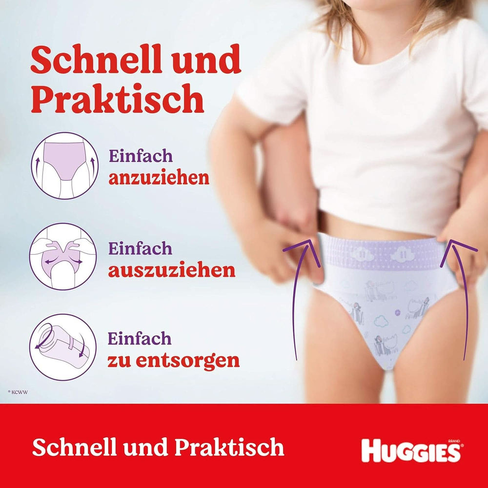 Spodnie Huggies Ultra Comfort, rozmiar 5, 12-17 kg, Dla aktywnych dzieci, Ze wskaźnikiem wilgoci i technologią chmurki w pasie, 128 pieluch Sklep dla matek i dzieci Naty Shop