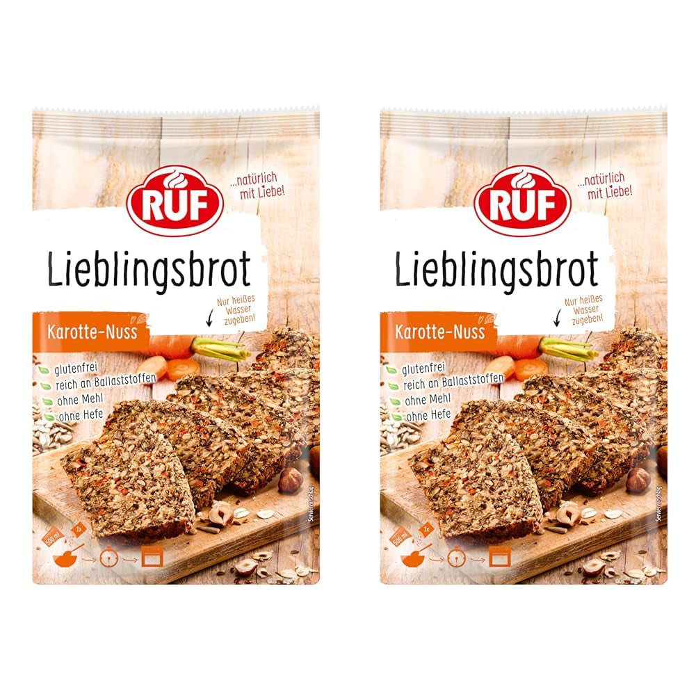 RUF Lieblingsbrot Protein, Brot-Backmischung, Brotmischung, Brotteig-Mischung, Proteinreiches Brot, Glutenfrei, Ohne Mehl & Hefe, 1 X 500 G Naty Shop 600 G (opakowanie 2Er) Karotte Nuss