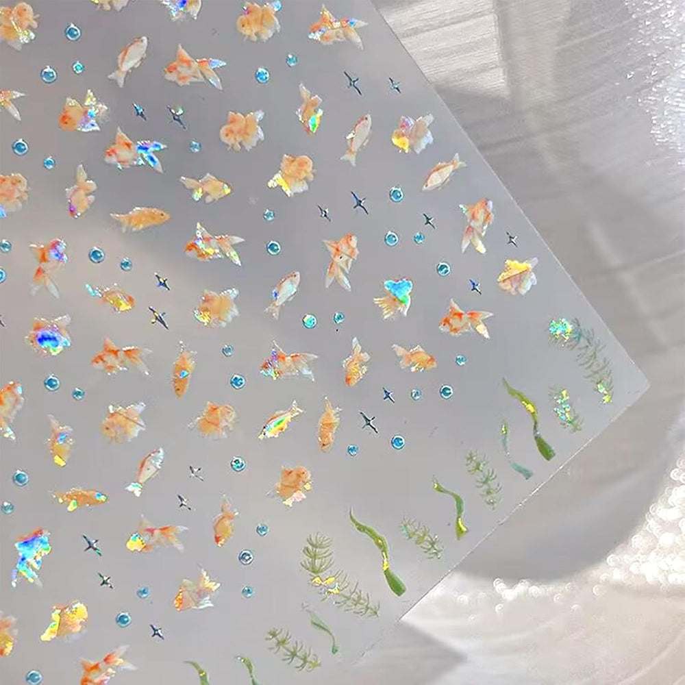 2 Stück Selbstklebende Nagelsticker Mit Muscheleffekt, Vierstrahlstern Und Goldfisch Design, Nagelaufkleber Für Fingernägel, Nail Art Zubehör Für Gelnägel