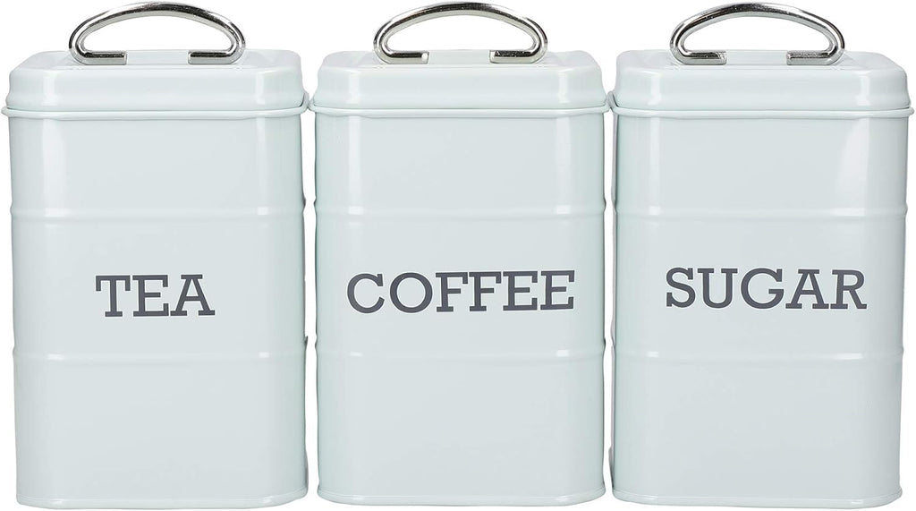 KitchenCraft Living Nostalgia set de 3 borcane de depozitare pentru ceai, zahăr și cafea, în cutie cadou, oțel, Antique Cream , 11 cm x 11 cm x 17 cm, Vintage Blue Cutii depozitare alimente Naty Shop Cremă veche