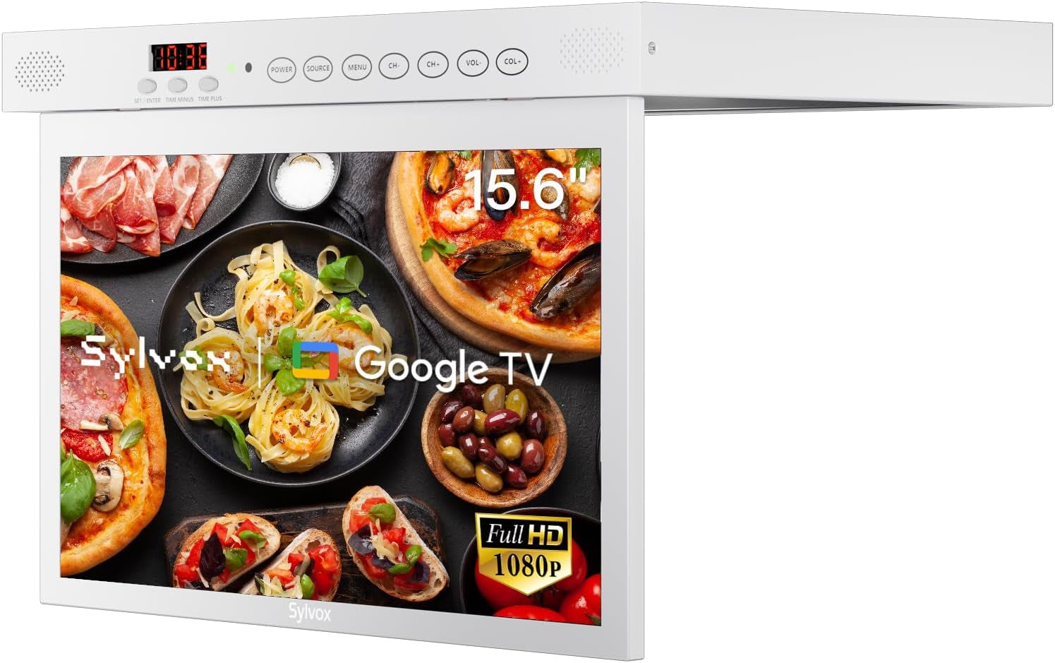 SYLVOX Televizor de bucătărie de 15,6 inci, televizor pliabil pentru bucătărie cu pivotare, suport Google TV WiFi Bluetooth, Smart TV 1080P pentru bucătărie, dormitor, autorulotă, iaht (argintiu)