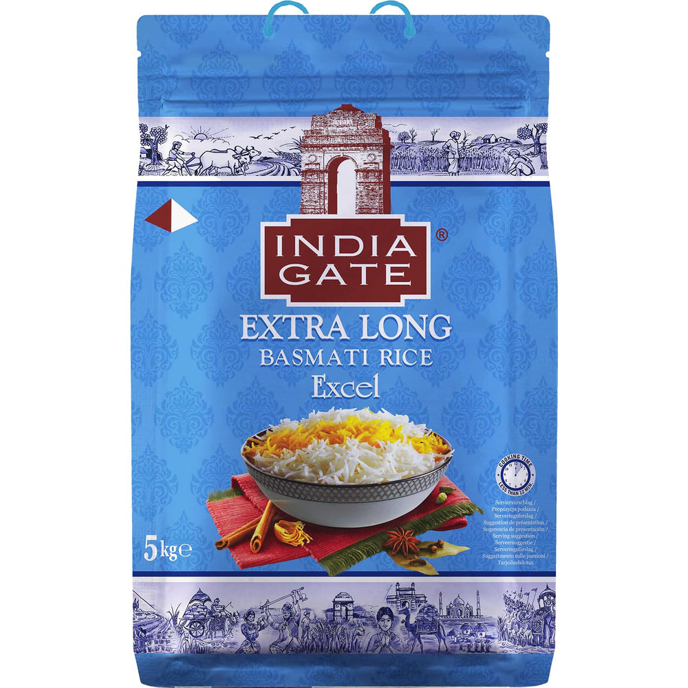 INDIA GATE Premium Basmati Rice – Długoziarnisty drobnoziarnisty, aromatyczny ryż z Indii, drobnoziarnisty długoziarnisty (1 x 5 kg)
