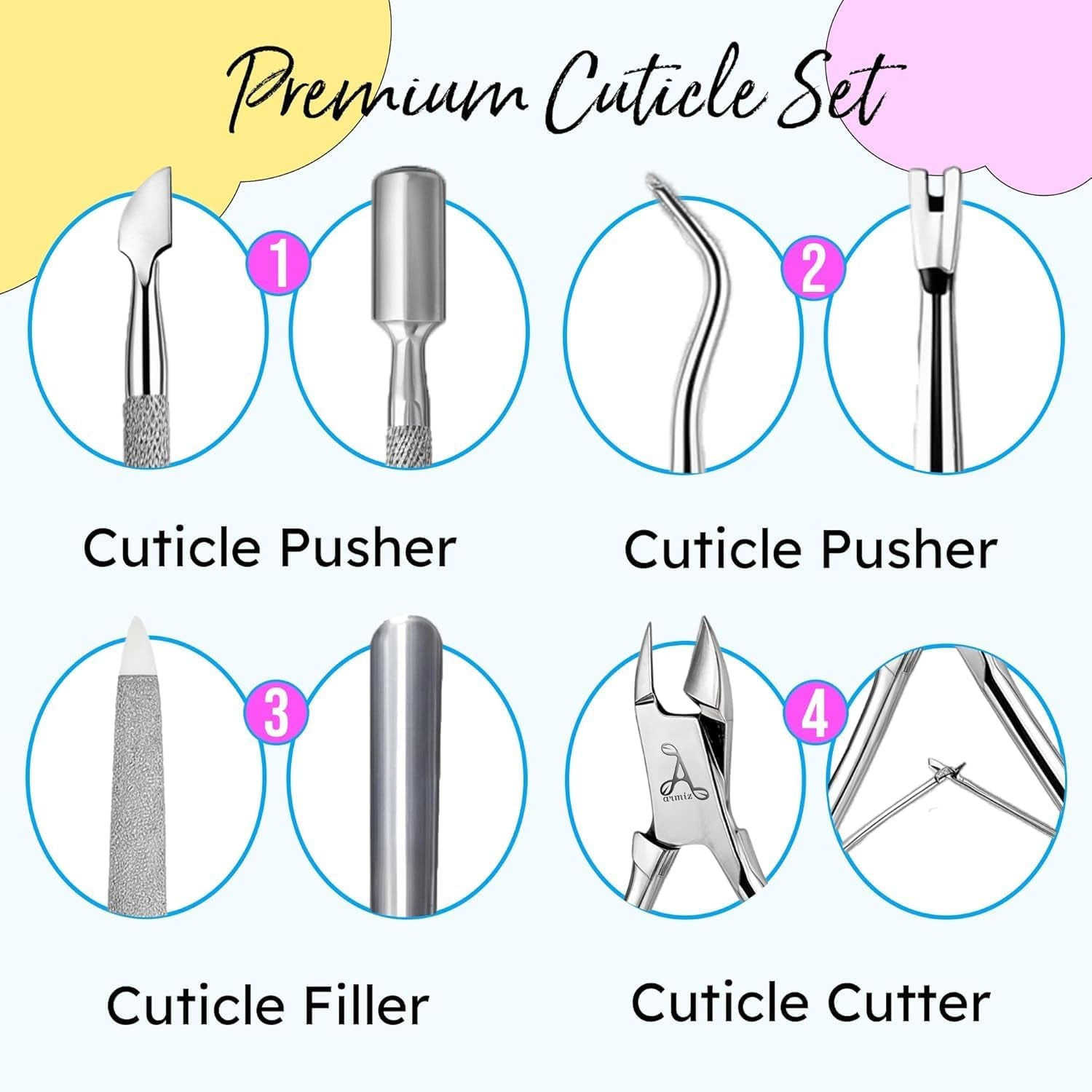 ARMIZ Set de 4 piese pentru împingătorul și cleștele de cuticule, Set profesional de instrumente pentru îndepărtarea cuticulelor, Clește multifuncțional din oțel inoxidabil pentru manichiură și pedichiură