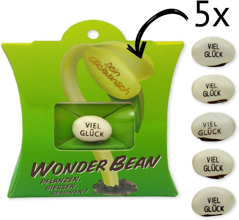 Feel Green Wonder Bean (5 Stk), Viel Glück, Bohne Mit Eingravierter Glücksbotschaft, Made in Austria, Nachhaltige Geschenkidee, Pflanzen-Gießen-Staunen