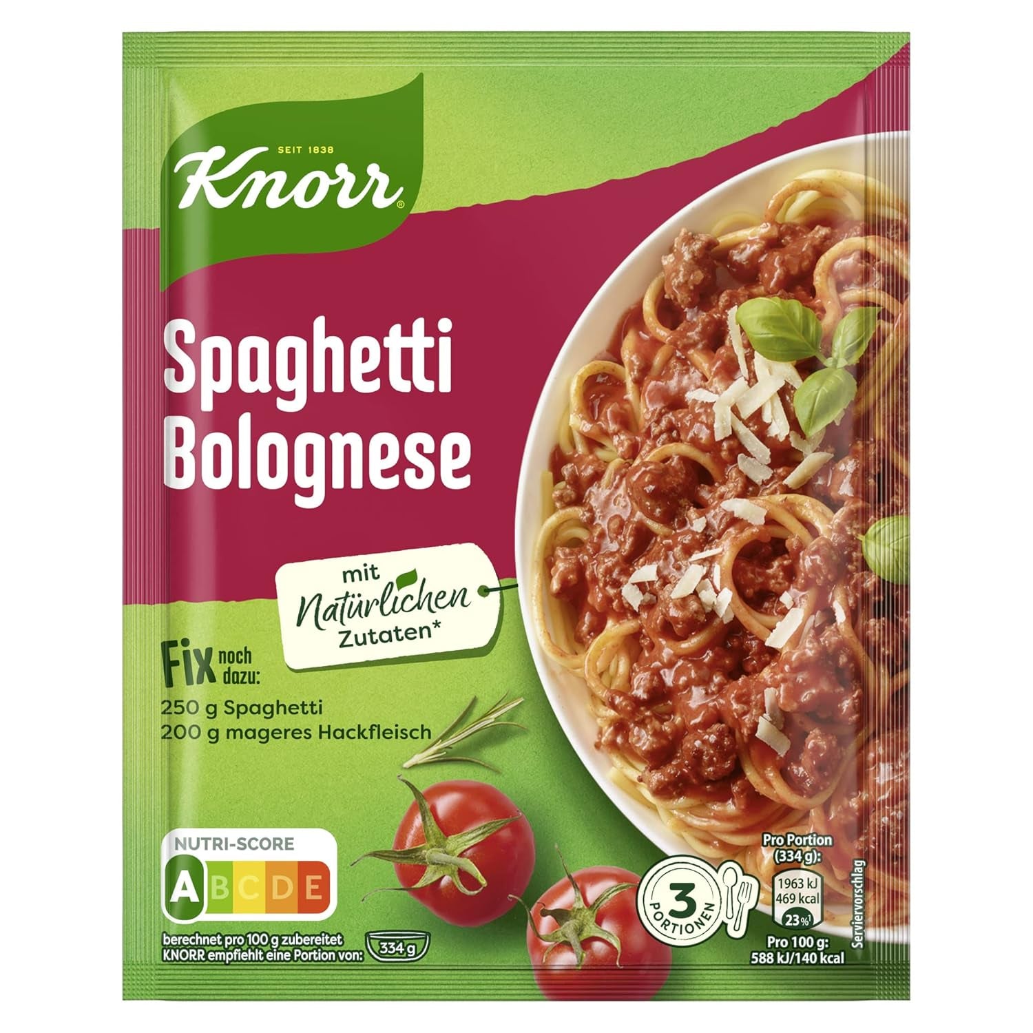 Knorr Fix Würzmischung Spaghetti Bolognese na pyszne danie z makaronem z naturalnymi składnikami 40 g