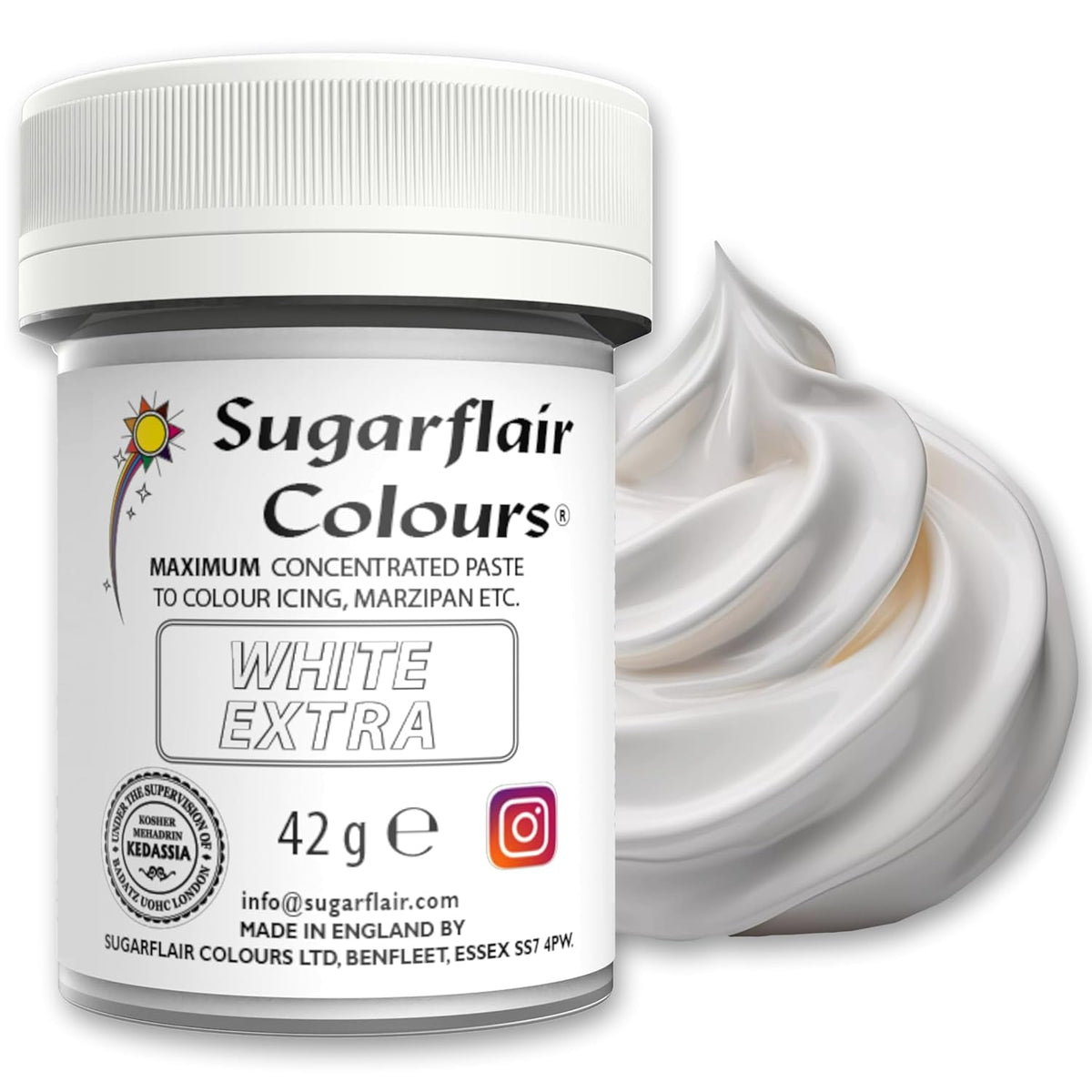 Colorant alimentar Sugarflair Max Concentrated White Extra, colorant alimentar foarte concentrat pentru marțipan și fondant, colorant pastă Max Concentrate - 42 g