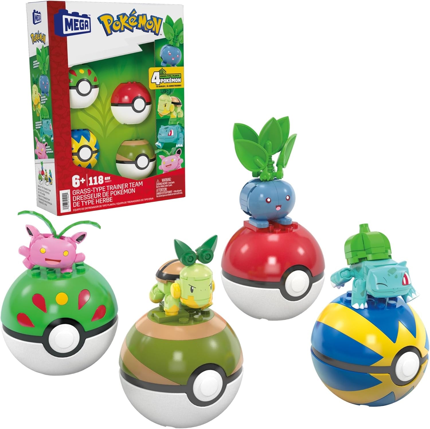 MEGA Pokémon Actionfigur-Bauspielzeug, Pflanze-Typ Trainerteam mit 118 Teilen, bewegliche Bisasam-, Chelast-, Hoppspross- und Myrapla-Figuren, Geschenkidee für Kinder, HWR77