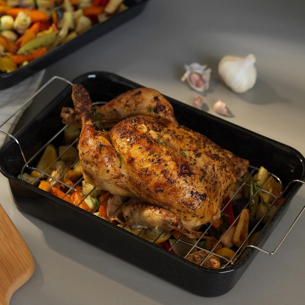 Russell Hobbs CW9161 Romano 34Cm Enamel Bräter - Mit Gitter, Rechteckige Auflaufform Mit Rost, Spülmaschinenfest Ofenform, Grill Auflaufform, Bratform Für Backofen Ofenbeständig Bis 230 Degree Formy i blachy do pieczenia Naty Shop