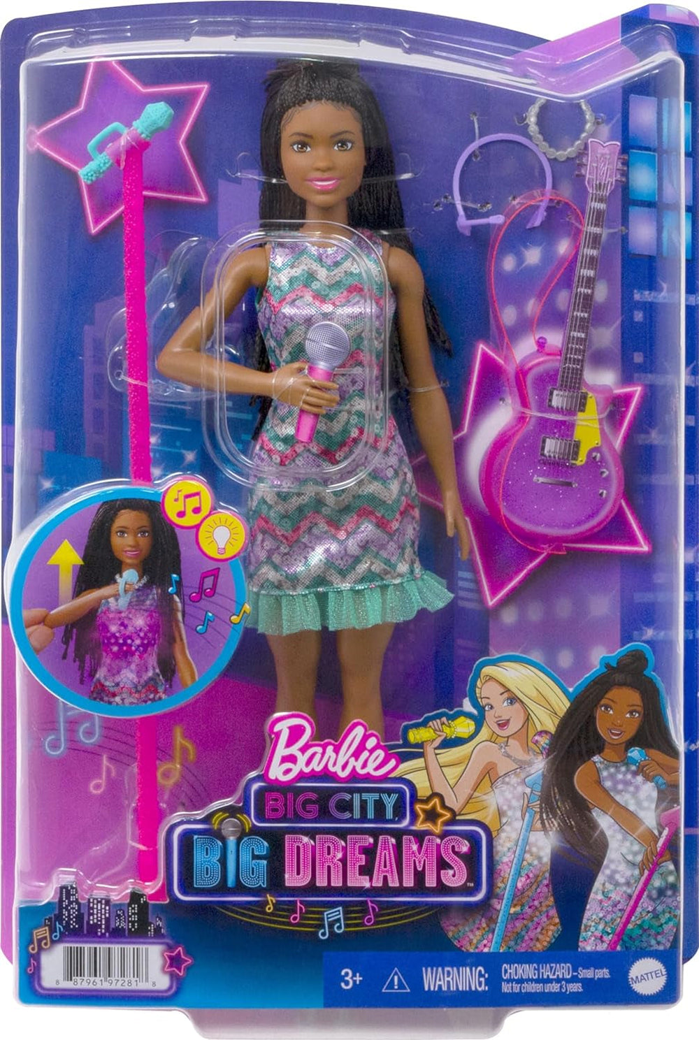 Barbie GYJ22 - bezpłatna scena dla lalki Big Dream Brooklyn (ok. 30 cm, brązowe warkocze) z filmowymi piosenkami, światłami, mikrofonem i akcesoriami, prezent dla dzieci od 3 lat Naty Shop Dolls