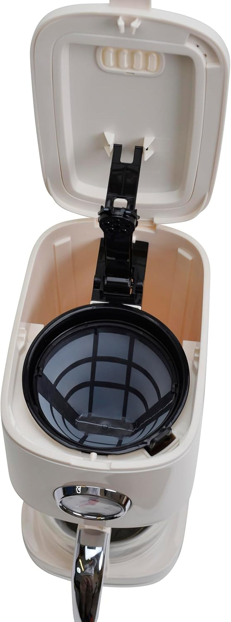 Cafetieră Retro Style Nostalgia 150, alb crem, 900 wați, 1,5 litri, 4-12 cești, cadran cu ceas pentru timp de menținere la cald, recipient filtru detașabil, funcție de menținere la cald, oprire automată