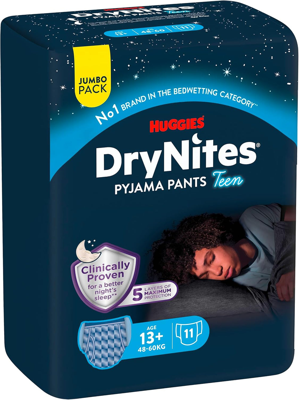 Huggies DryNites Pieluszki do moczenia nocnego, chłopcy 13-około 17 lat (48-60kg), 33 sztuki (3x11), duże opakowanie miesięczne, majtki XL