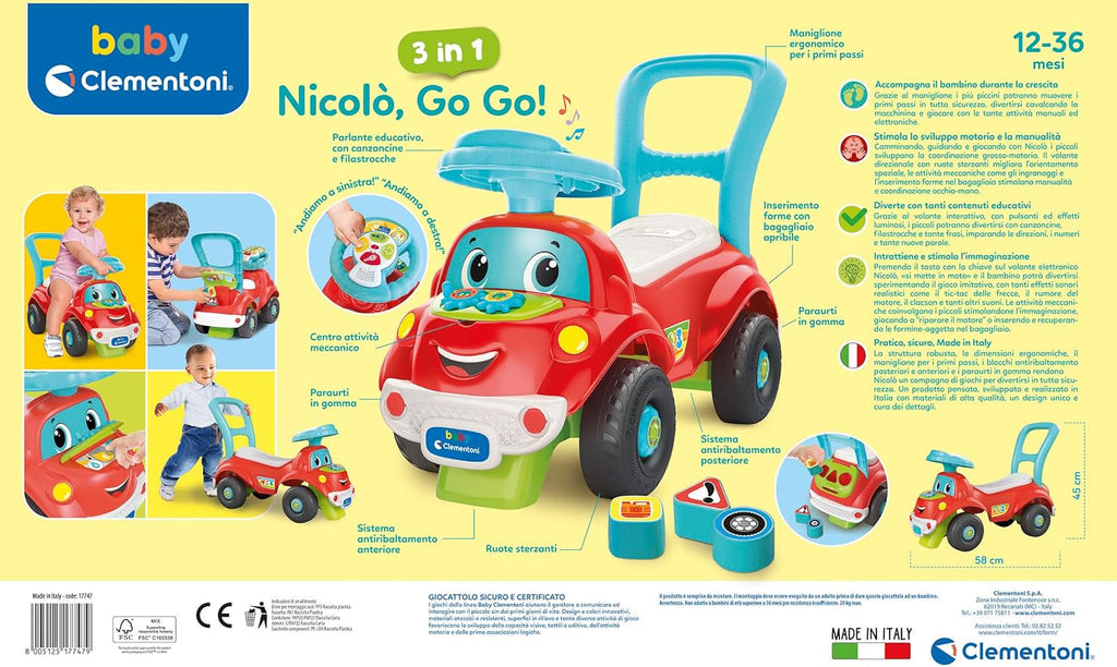 Clementoni - 17747 - Nicolò Go Go 3 în 1 - Mașină de echitație, vorbitor electronic de învățare, primii pași, lumini și sunete, joc pentru copii de 1 an - Made in Italy Jucarii Bebe Naty Shop