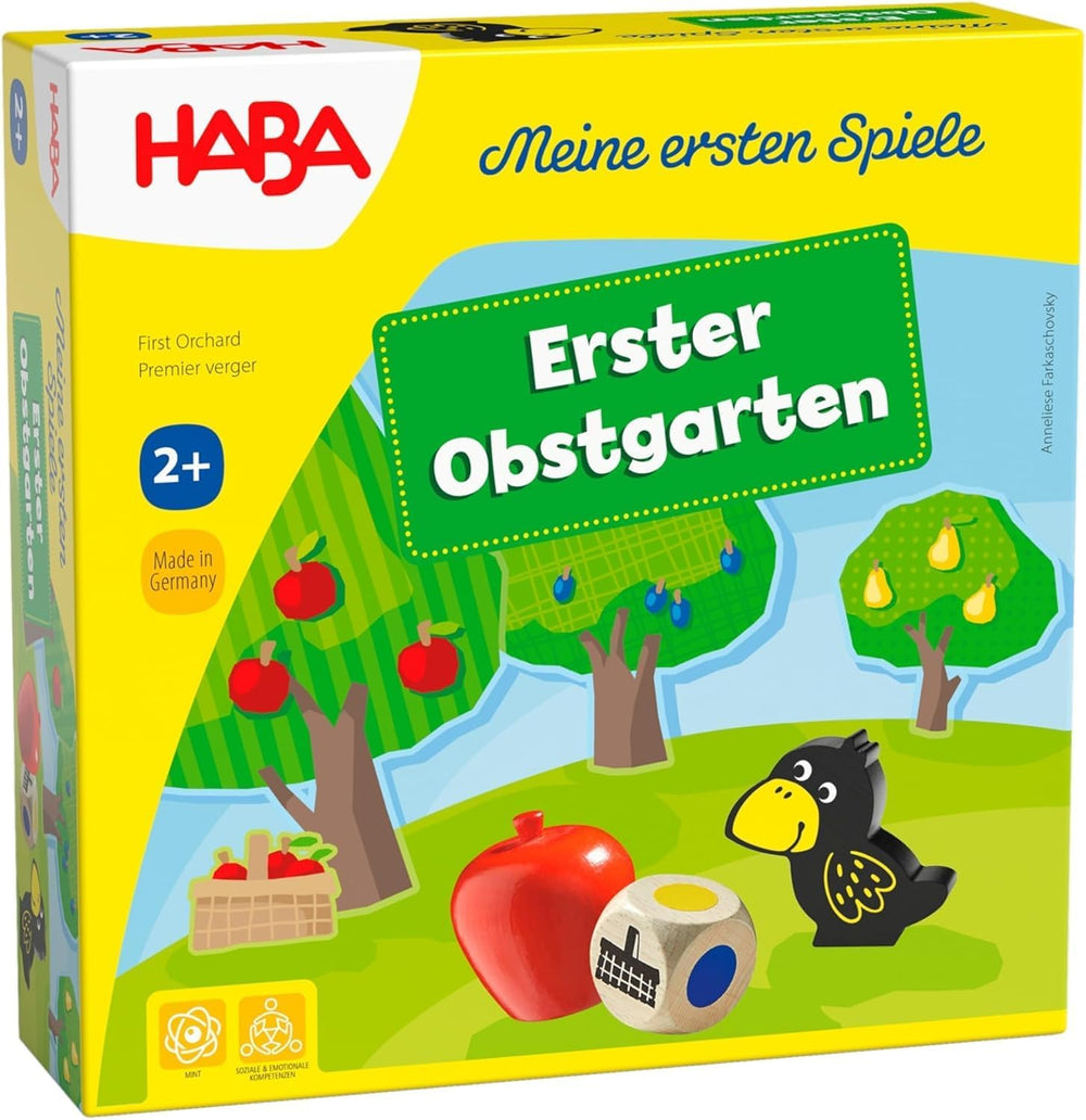 HABA First Orchard – My First Games: Gra planszowa i rodzinna o kolorach i kształtach, Klasyczna drewniana zabawka dla maluchów od 2. roku życia – 1004655001