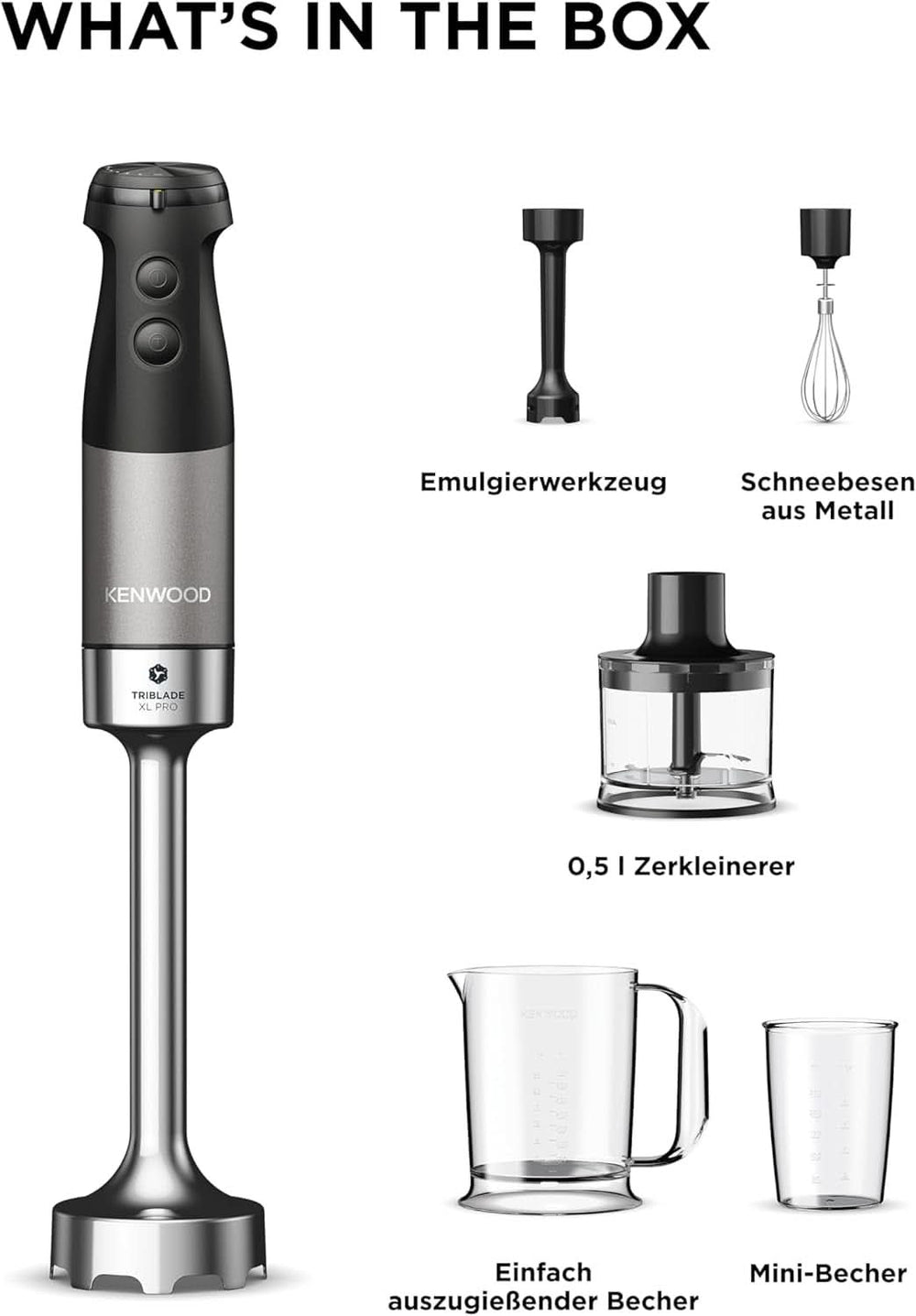 Kenwood Triblade XL Pro Stabmixer HBM80.322BK, 1200W, Zmienna prędkość, Edelstahl(Pürierfuß), Schneebesen, Emulgieraufsatz, 500Ml Zerkleiner, 700 i 250Ml Becher, Spülmaschinenfeste Teile Bucatarie Naty Shop