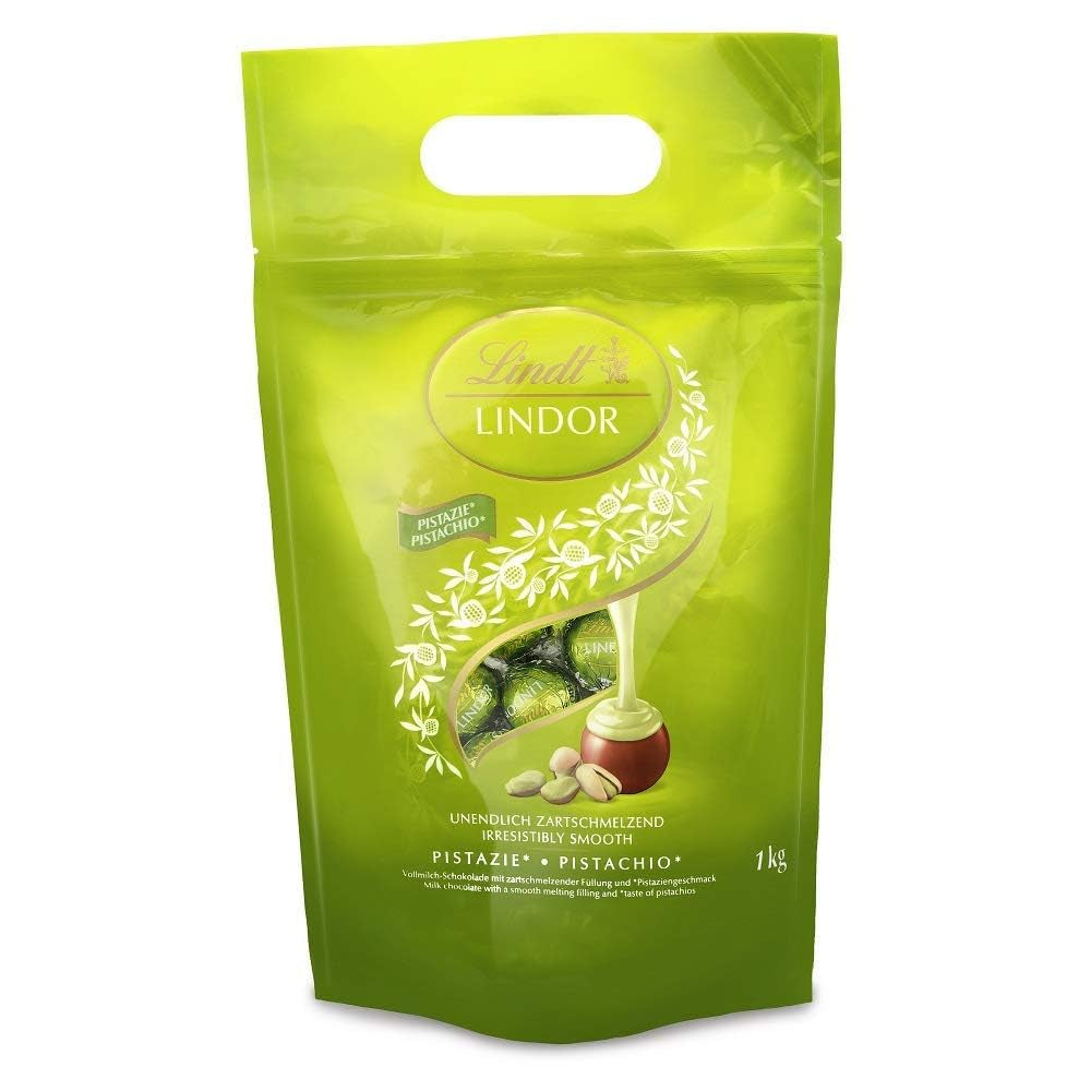 Lindt LINDOR Czekolada z pistacjami | 1 kg zamykana torebka | ok. 80 kulek z mlecznej czekolady z rozpływającym się w ustach kremem pistacjowym | Opakowanie zbiorcze, prezent pralinowy