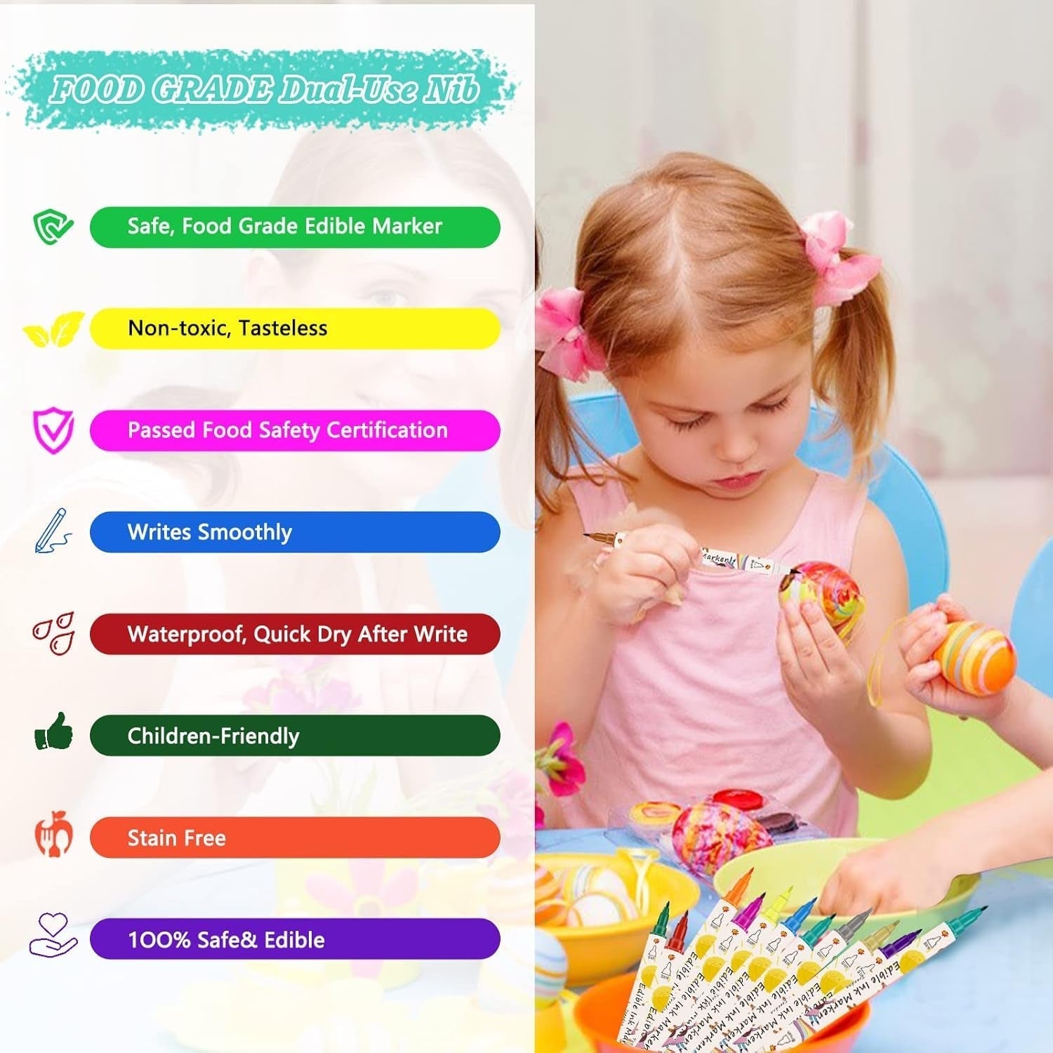 Pixuri de colorant alimentar pentru copt, 12 pixuri de colorant alimentar pentru fondant, pixuri alimentare comestibile, ouă de Paște DIY pentru ziua de naștere pentru decorare, pixuri de colorant alimentar gourmet pentru prăjituri, fursecuri, deserturi