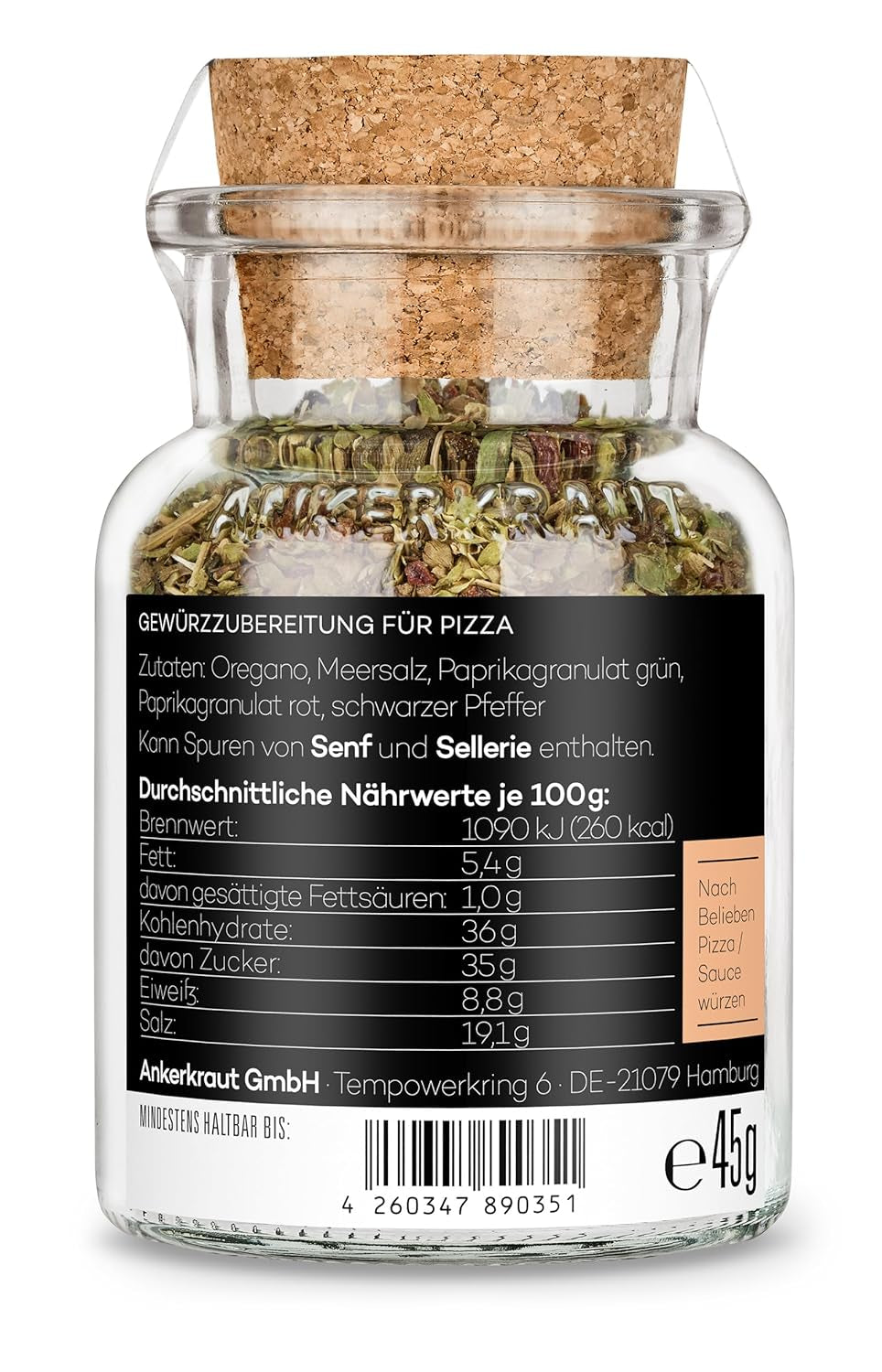 Pizza Ankerkraut, dla oryginalnego włoskiego smaku, jak ze Steinofen, również do makaronów, pomidorów-mozzarelli i wielu innych dań, 45 g w szkle korkowym