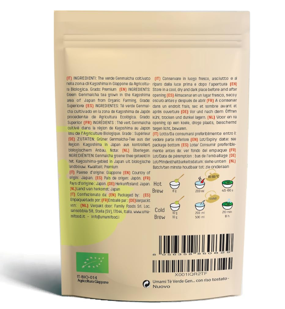 Ceai verde Umami Bio-Genmaicha din culturi japoneze, 100 g – Frunze de ceai cu orez prăjit -